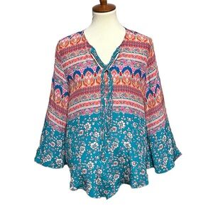 Tolani 100% Silk Floral Medallion Print V-neck Tassel Tie Bell Sleeve Top Medium